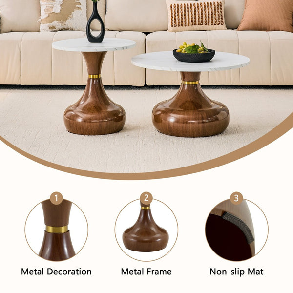 English Elm Affordable Gourd Shaped Nesting Coffee Table Set with MDF Top and Gold Accent Base Walnut, White W1151P458848