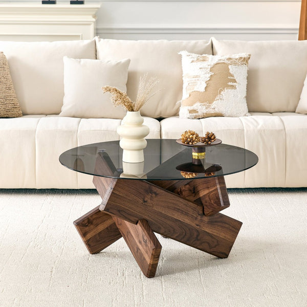 English Elm Artistic Round Coffee Table Smoked Glass Top Cross Base Mid Century Living Room Gray/Walnut W1151P462910