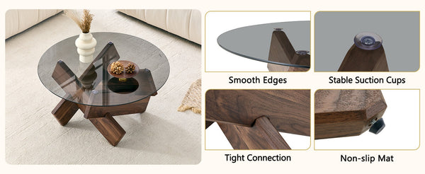English Elm Artistic Round Coffee Table Smoked Glass Top Cross Base Mid Century Living Room Gray/Walnut W1151P462910