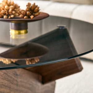English Elm Artistic Round Coffee Table Smoked Glass Top Cross Base Mid Century Living Room Gray/Walnut W1151P462910