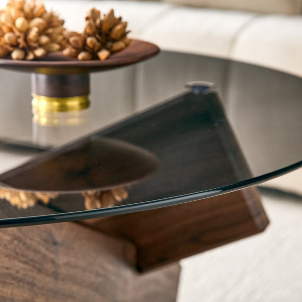 English Elm Artistic Round Coffee Table Smoked Glass Top Cross Base Mid Century Living Room Gray/Walnut W1151P462910
