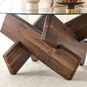 English Elm Artistic Round Coffee Table Smoked Glass Top Cross Base Mid Century Living Room Gray/Walnut W1151P462910