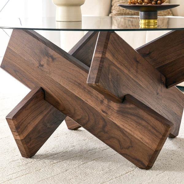 English Elm Artistic Round Coffee Table Smoked Glass Top Cross Base Mid Century Living Room Gray/Walnut W1151P462910