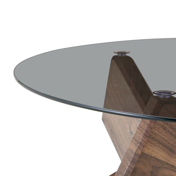 English Elm Artistic Round Coffee Table Smoked Glass Top Cross Base Mid Century Living Room Gray/Walnut W1151P462910