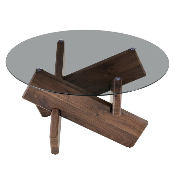 English Elm Artistic Round Coffee Table Smoked Glass Top Cross Base Mid Century Living Room Gray/Walnut W1151P462910