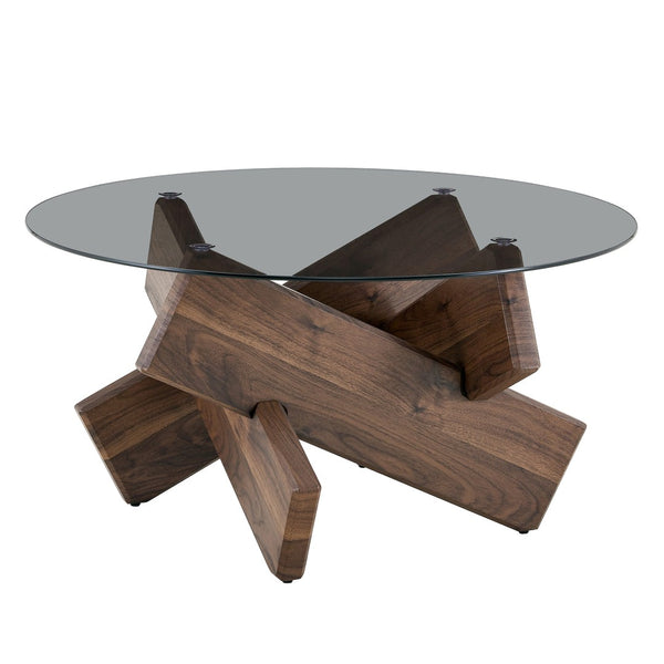 English Elm Artistic Round Coffee Table Smoked Glass Top Cross Base Mid Century Living Room Gray/Walnut W1151P462910