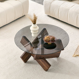 English Elm Artistic Round Coffee Table Smoked Glass Top Cross Base Mid Century Living Room Gray/Walnut W1151P462910