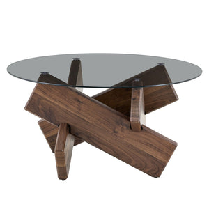 English Elm Artistic Round Coffee Table Smoked Glass Top Cross Base Mid Century Living Room Gray/Walnut W1151P462910