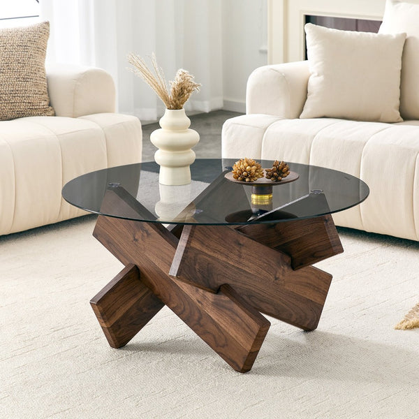 English Elm Artistic Round Coffee Table Smoked Glass Top Cross Base Mid Century Living Room Gray/Walnut W1151P462910