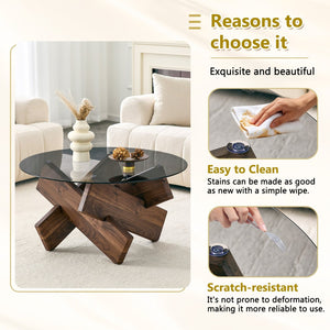 English Elm Artistic Round Coffee Table Smoked Glass Top Cross Base Mid Century Living Room Gray/Walnut W1151P462910