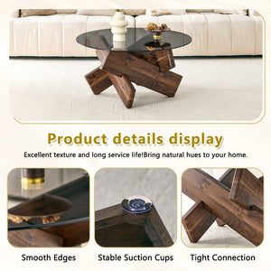 English Elm Artistic Round Coffee Table Smoked Glass Top Cross Base Mid Century Living Room Gray/Walnut W1151P462910