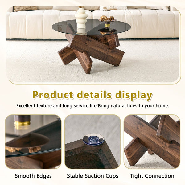English Elm Artistic Round Coffee Table Smoked Glass Top Cross Base Mid Century Living Room Gray/Walnut W1151P462910