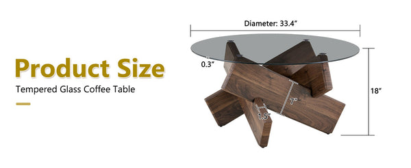 English Elm Artistic Round Coffee Table Smoked Glass Top Cross Base Mid Century Living Room Gray/Walnut W1151P462910