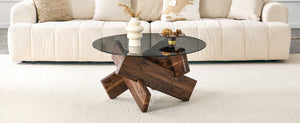 English Elm Artistic Round Coffee Table Smoked Glass Top Cross Base Mid Century Living Room Gray/Walnut W1151P462910