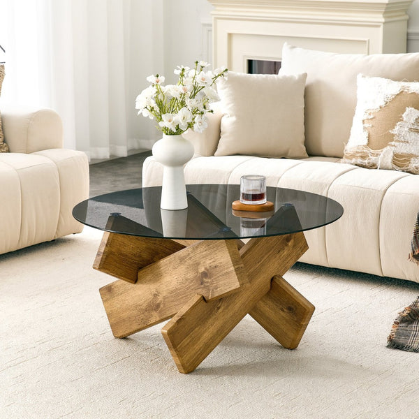 English Elm Artistic Round Coffee Table Smoked Glass Top Cross Base Mid Century Living Room Gray/Wood W1151P462911