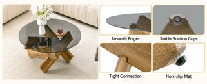 English Elm Artistic Round Coffee Table Smoked Glass Top Cross Base Mid Century Living Room Gray/Wood W1151P462911