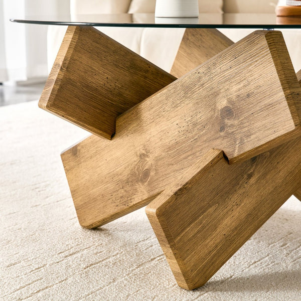 English Elm Artistic Round Coffee Table Smoked Glass Top Cross Base Mid Century Living Room Gray/Wood W1151P462911