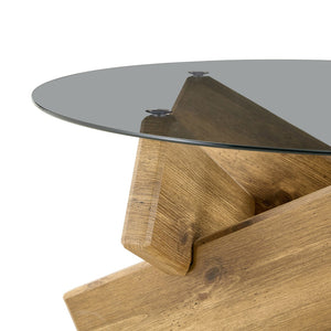 English Elm Artistic Round Coffee Table Smoked Glass Top Cross Base Mid Century Living Room Gray/Wood W1151P462911