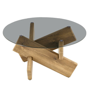 English Elm Artistic Round Coffee Table Smoked Glass Top Cross Base Mid Century Living Room Gray/Wood W1151P462911