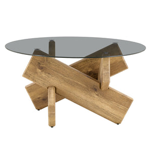 English Elm Artistic Round Coffee Table Smoked Glass Top Cross Base Mid Century Living Room Gray/Wood W1151P462911
