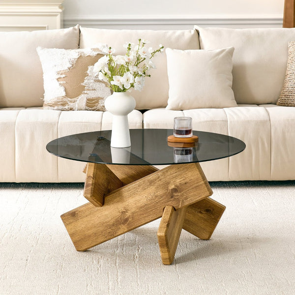 English Elm Artistic Round Coffee Table Smoked Glass Top Cross Base Mid Century Living Room Gray/Wood W1151P462911