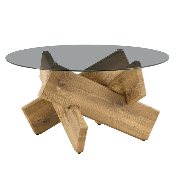 English Elm Artistic Round Coffee Table Smoked Glass Top Cross Base Mid Century Living Room Gray/Wood W1151P462911