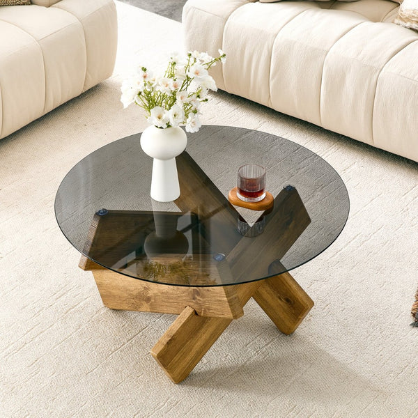 English Elm Artistic Round Coffee Table Smoked Glass Top Cross Base Mid Century Living Room Gray/Wood W1151P462911