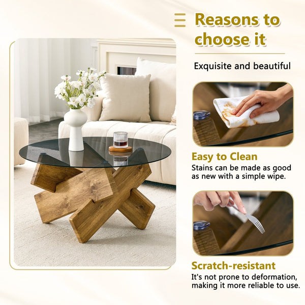 English Elm Artistic Round Coffee Table Smoked Glass Top Cross Base Mid Century Living Room Gray/Wood W1151P462911