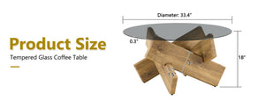 English Elm Artistic Round Coffee Table Smoked Glass Top Cross Base Mid Century Living Room Gray/Wood W1151P462911