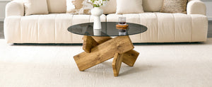English Elm Artistic Round Coffee Table Smoked Glass Top Cross Base Mid Century Living Room Gray/Wood W1151P462911