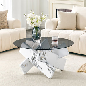 English Elm Artistic Round Coffee Table Smoked Glass Top Cross Base Mid Century Living Room Gray/White W1151P462912