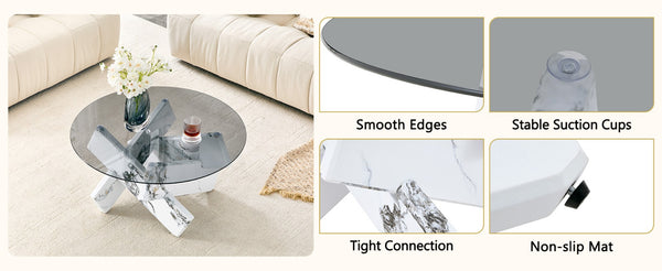 English Elm Artistic Round Coffee Table Smoked Glass Top Cross Base Mid Century Living Room Gray/White W1151P462912