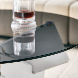 English Elm Artistic Round Coffee Table Smoked Glass Top Cross Base Mid Century Living Room Gray/White W1151P462912