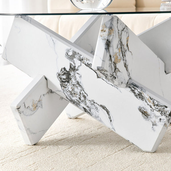 English Elm Artistic Round Coffee Table Smoked Glass Top Cross Base Mid Century Living Room Gray/White W1151P462912