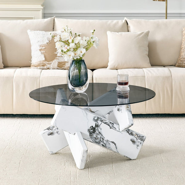 English Elm Artistic Round Coffee Table Smoked Glass Top Cross Base Mid Century Living Room Gray/White W1151P462912