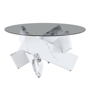 English Elm Artistic Round Coffee Table Smoked Glass Top Cross Base Mid Century Living Room Gray/White W1151P462912