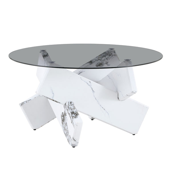 English Elm Artistic Round Coffee Table Smoked Glass Top Cross Base Mid Century Living Room Gray/White W1151P462912