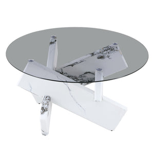 English Elm Artistic Round Coffee Table Smoked Glass Top Cross Base Mid Century Living Room Gray/White W1151P462912