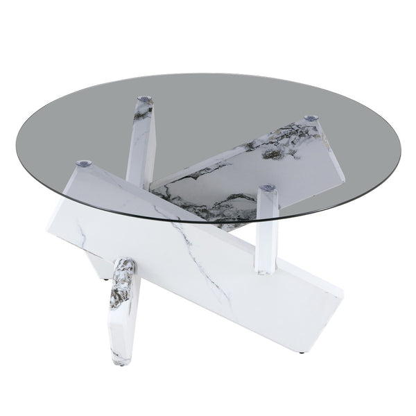 English Elm Artistic Round Coffee Table Smoked Glass Top Cross Base Mid Century Living Room Gray/White W1151P462912