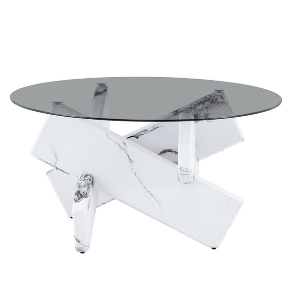 English Elm Artistic Round Coffee Table Smoked Glass Top Cross Base Mid Century Living Room Gray/White W1151P462912