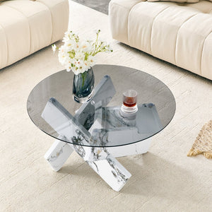 English Elm Artistic Round Coffee Table Smoked Glass Top Cross Base Mid Century Living Room Gray/White W1151P462912