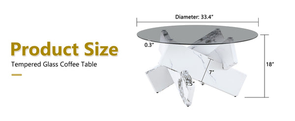 English Elm Artistic Round Coffee Table Smoked Glass Top Cross Base Mid Century Living Room Gray/White W1151P462912