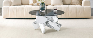 English Elm Artistic Round Coffee Table Smoked Glass Top Cross Base Mid Century Living Room Gray/White W1151P462912