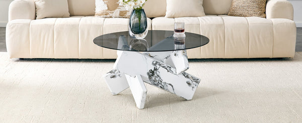 English Elm Artistic Round Coffee Table Smoked Glass Top Cross Base Mid Century Living Room Gray/White W1151P462912