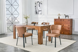 English Elm Brown PU Leather Pleated Dining Chairs Set of 2 with Matte Metal Legs Modern Luxe Black+Brown W1151P463589