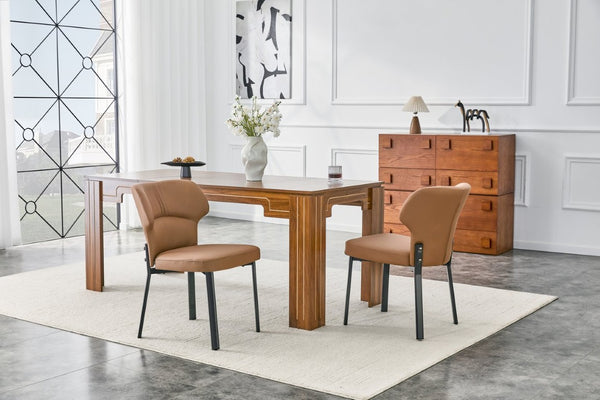 English Elm Brown PU Leather Pleated Dining Chairs Set of 2 with Matte Metal Legs Modern Luxe Black+Brown W1151P463589