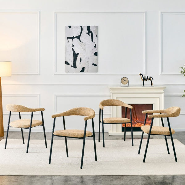 English Elm A Set of 4 Minimalist Fabric Dining Chairs with Curved Back and Matte Black Legs Light Khaki W1151P473202