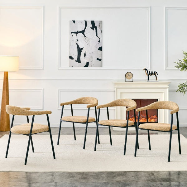 English Elm A Set of 4 Minimalist Fabric Dining Chairs with Curved Back and Matte Black Legs Light Khaki W1151P473202
