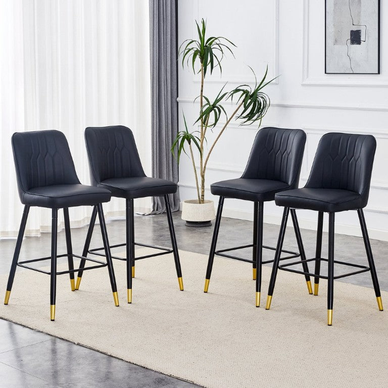 English Elm Modern Black PU Leather Bar Stools Set of 4 with Gold Accent Legs and Foot Beam W1151P478388