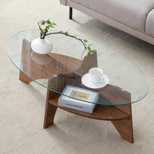 English Elm Oval Tempered Glass Coffee Table with Walnut Fan Shelf for Modern Living Rooms W1151P490273